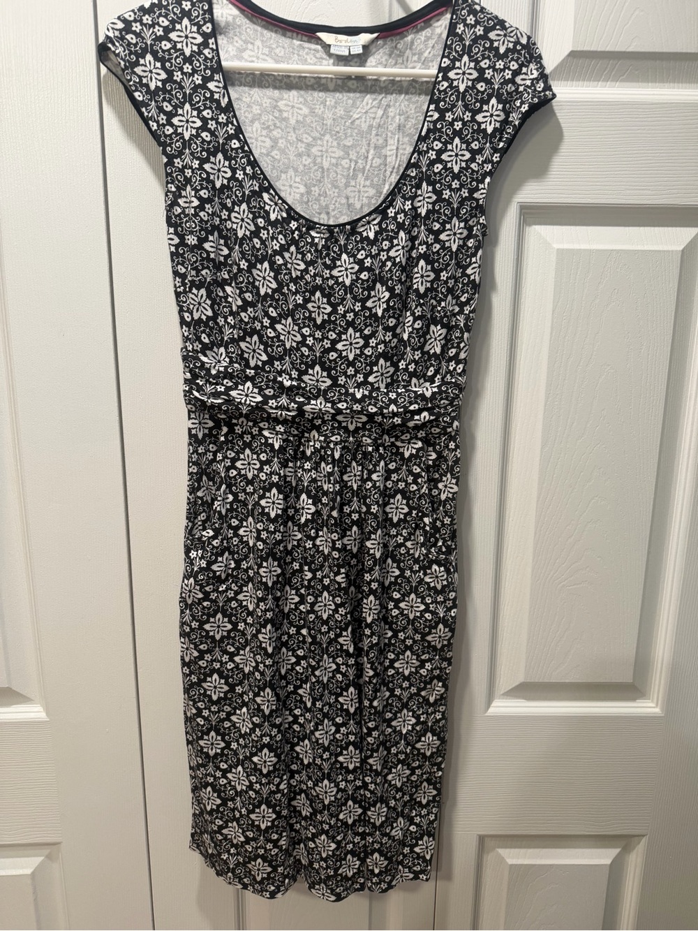 Boden Black and White Floral Scoop-Neck Midi Dress